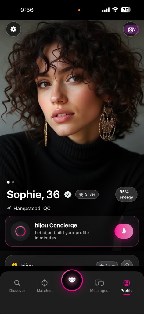 Bijou app preview — Sophie profile